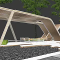 Modern Curved Wooden Pergola Design With Outdoor Seating And Green Trees