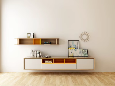 Modern Living Room Wall Cabinets And Hanging Cabinets With Wooden White Open Shelves Decorations 3d model