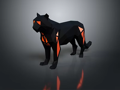 Low Poly Black Panther Figurine With Orange Geometric Accents And Reflective Base 3d model