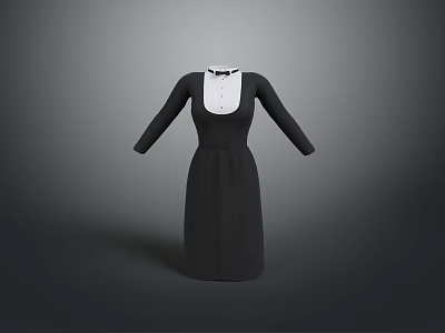 Women's Elegant Black Dress Featuring White Collar And Long Sleeves 3d model