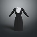 Women's Elegant Black Dress Featuring White Collar And Long Sleeves