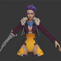3D Fantasy Character With Purple Hair Fur Collar Metal Arm Guards And Outstretched Pose