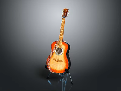 Shiny Wooden Acoustic Guitar On Stand With Art Supplies And Painting Tools 3d model