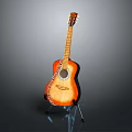 Shiny Wooden Acoustic Guitar On Stand With Art Supplies And Painting Tools