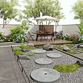 Beautiful Courtyard Garden With Outdoor Furniture Stone Pathway And Water Feature