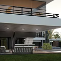 Modern Detached Villa with Outdoor Terrace Swimming Pool White Sofas Wooden Deck and Palm Trees