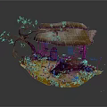 Enchanting Thatched Cottage Scene With Decorative Branches Purple Yellow Grassland And Small Decorations