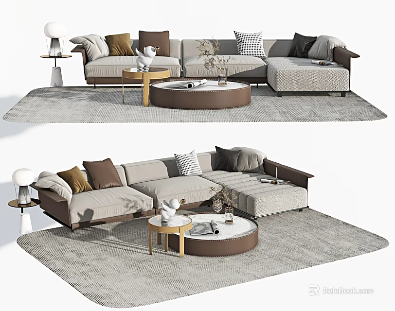 Modern Light Gray Sectional Sofa with Brown White Pillows Round Coffee Table Gray Rug 3d model
