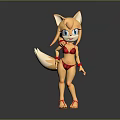 Animated Game Female Fox Character with Yellow Fur Blue Eyes Red Bikini and Long Tail
