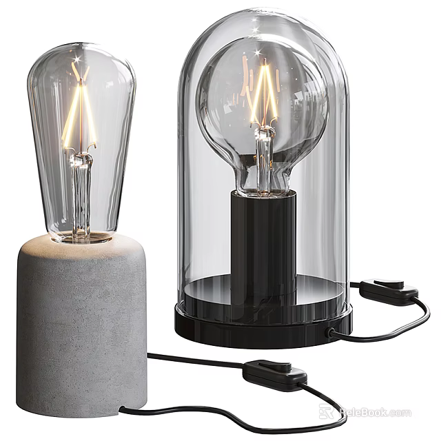 Vintage Table Lamps With Transparent Glass Shades And Concrete Black Bases Featuring Vintage Bulbs 3d model 
