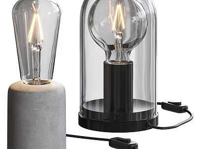 Vintage Table Lamps With Transparent Glass Shades And Concrete Black Bases Featuring Vintage Bulbs 3d model