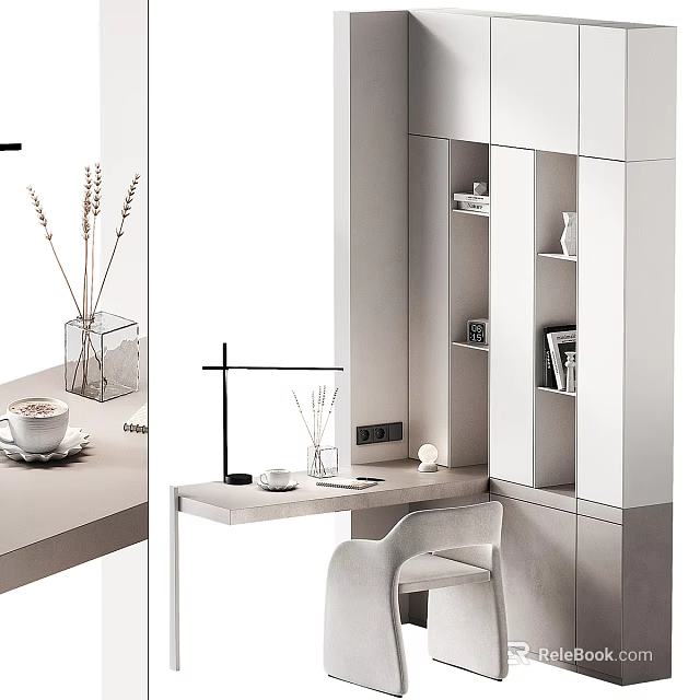 Modern Minimalist Desk Setup With White Cabinets Bookshelf Table Lamp And Coffee Cup 3d model 
