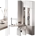 Modern Minimalist Desk Setup With White Cabinets Bookshelf Table Lamp And Coffee Cup
