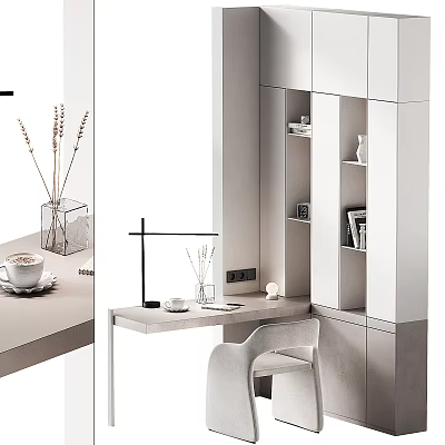 Modern Minimalist Desk Setup With White Cabinets Bookshelf Table Lamp And Coffee Cup 3d model