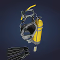 Diving Suit With Harness Yellow Oxygen Tank And Black Flippers For Diving
