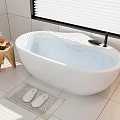 Freestanding Bathtub With Water Wooden Stool Slippers On Mat In White Tile Bathroom