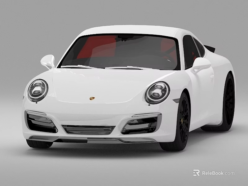 White Porsche Two Door Sports Car With Black Wheels And Red Interior 3d model 