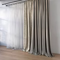 White Sheer And Beige Thick Curtains With Black Rod On White Wall Wooden Floor