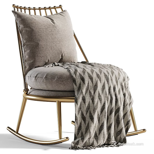 Cozy Rocking Accent Chair With Gold Metal Frame Gray Cushion And Patterned Blanket 3d model 