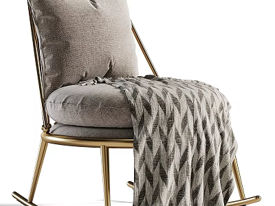 Cozy Rocking Accent Chair With Gold Metal Frame Gray Cushion And Patterned Blanket 3d model