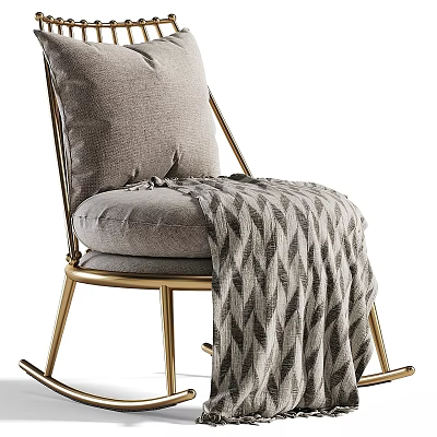 Cozy Rocking Accent Chair With Gold Metal Frame Gray Cushion And Patterned Blanket 3d model