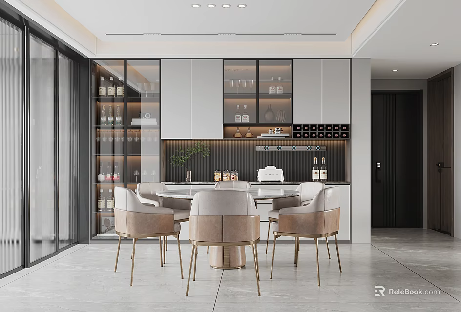 Modern Restaurant Interior with Open Concept Dining Table Chairs Wine Rack and Neutral Lighting 3d model