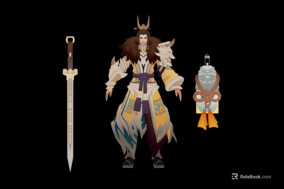 Mythical Phoenix Themed Character With Feathered Robe And Golden Sword Ornament 3d model 