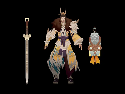 Mythical Phoenix Themed Character With Feathered Robe And Golden Sword Ornament 3d model