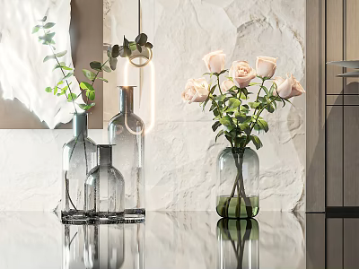 Clear Glass Vases with Pink Roses and Eucalyptus Leaves in Modern Interior 3d model