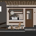 Natural Style Cafe Exterior Design With Wooden Door Outdoor Seating And Counter Display Shelves