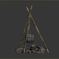 Outdoor Tripod Cooking Setup With Metal Bucket Stone Circle And Fire Water