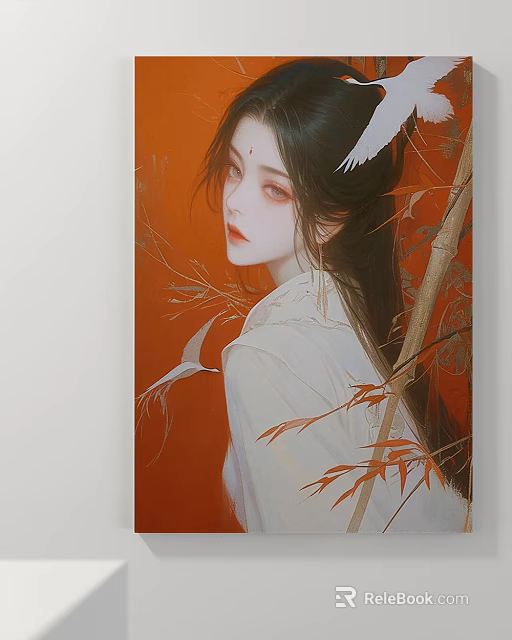 Traditional Chinese Portrait Painting With Red Background White Crane And Bamboo Leaves 3d model 