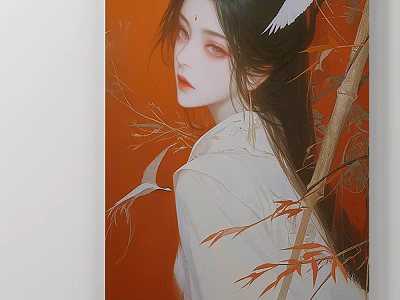 Traditional Chinese Portrait Painting With Red Background White Crane And Bamboo Leaves 3d model