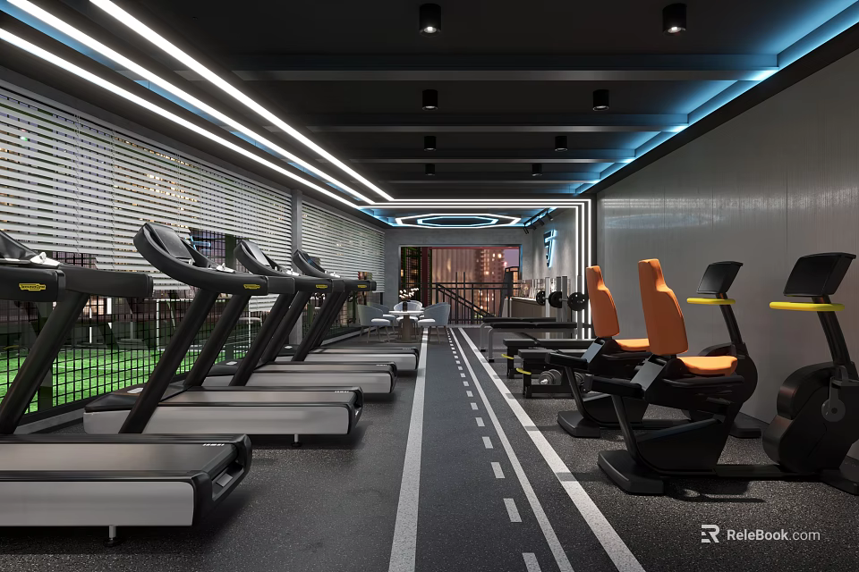 Modern Gym Interior With Treadmills Exercise Bikes Modern Lighting And Track Lines On Floor 3d model 