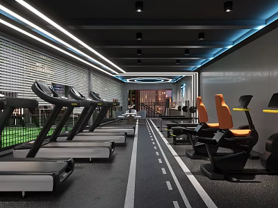 Modern Gym Interior With Treadmills Exercise Bikes Modern Lighting And Track Lines On Floor 3d model