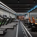 Modern Gym Interior With Treadmills Exercise Bikes Modern Lighting And Track Lines On Floor