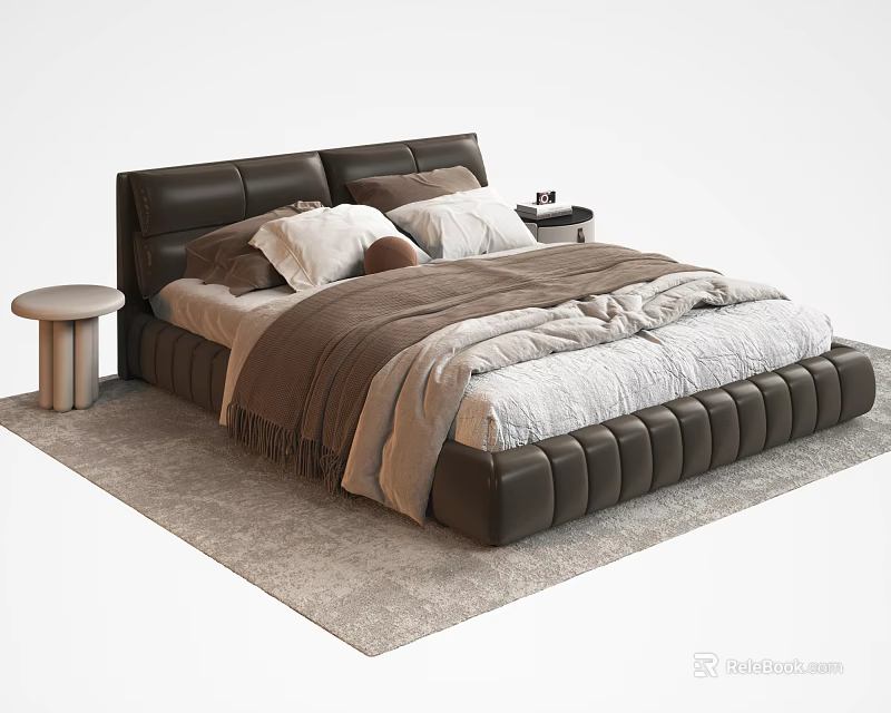 Brown Leather Double Bed With Padded Headboard Soft Pillows Blanket And Nightstand Rug 3d model 