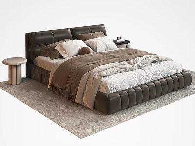 Brown Leather Double Bed With Padded Headboard Soft Pillows Blanket And Nightstand Rug 3d model