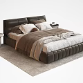 Brown Leather Double Bed With Padded Headboard Soft Pillows Blanket And Nightstand Rug