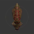 Fantasy Creature Head With Spikes Green Eyes Red Pink Body Tentacles And Yellow Details