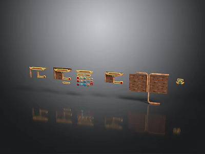 Golden 3D Letters And Symbols Metal On Black Background With Reflective Surfaces And Colorful Squares 3d model