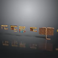 Golden 3D Letters And Symbols Metal On Black Background With Reflective Surfaces And Colorful Squares