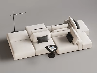 Modern White Modular Sectional Sofa with Black Cushions and Small Round Side Table 3d model