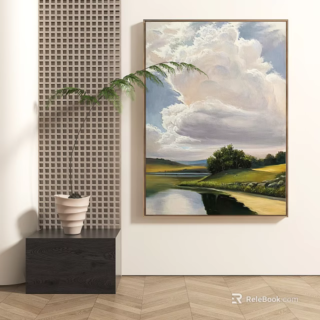 Serene Landscape Painting With Fluffy Clouds Green Fields River And Trees 3d model