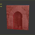 Traditional Arch Wooden Door With Carved Details Set In Rustic Stone Wall Structure