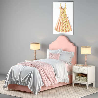 Pink Headboard Children's Bed With White Pink Bedding Nightstands Table Lamps And Dress Painting 3d model