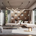 Modern Living Room Interior With Unique Chandelier Wooden Decorative Wall Sofa Set And Area Rug