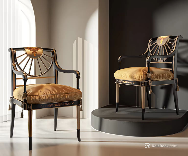 Exquisite Armchair With Black Frame Gold Accents Beige Satin Cushion And Carved Details 3d model 