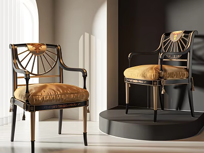 Exquisite Armchair With Black Frame Gold Accents Beige Satin Cushion And Carved Details 3d model