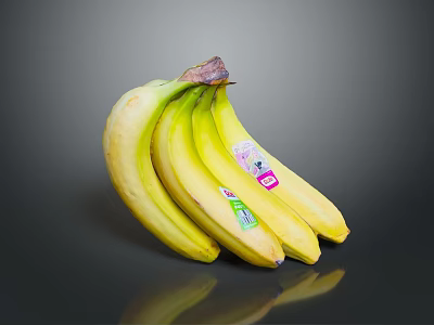 Ripe Fresh Yellow Bananas Bunch With Brand Stickers On Shiny Surface 3d model